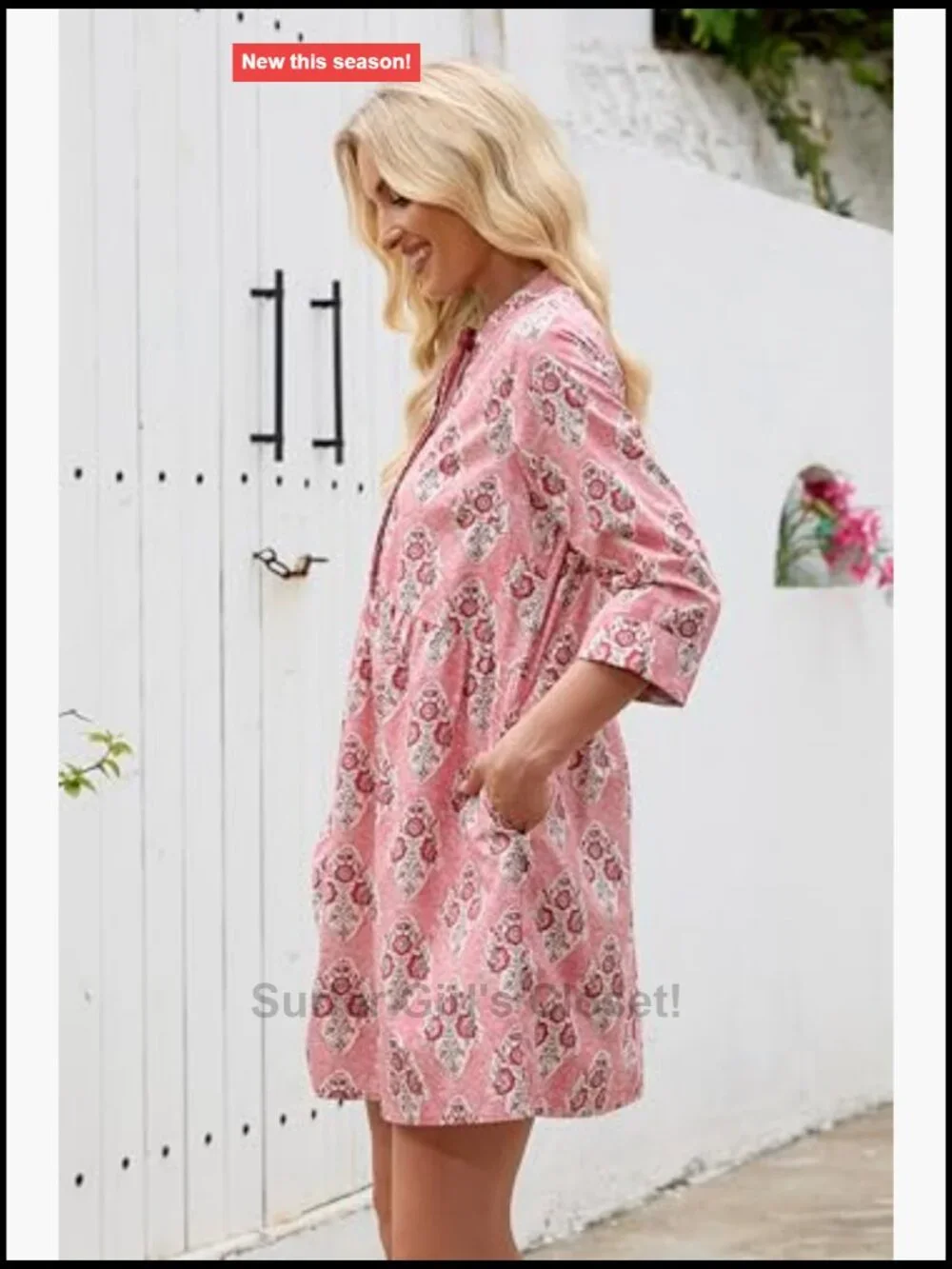 Women's 3/4 Sleeve 100% Cotton Floral Shift Mini Dress